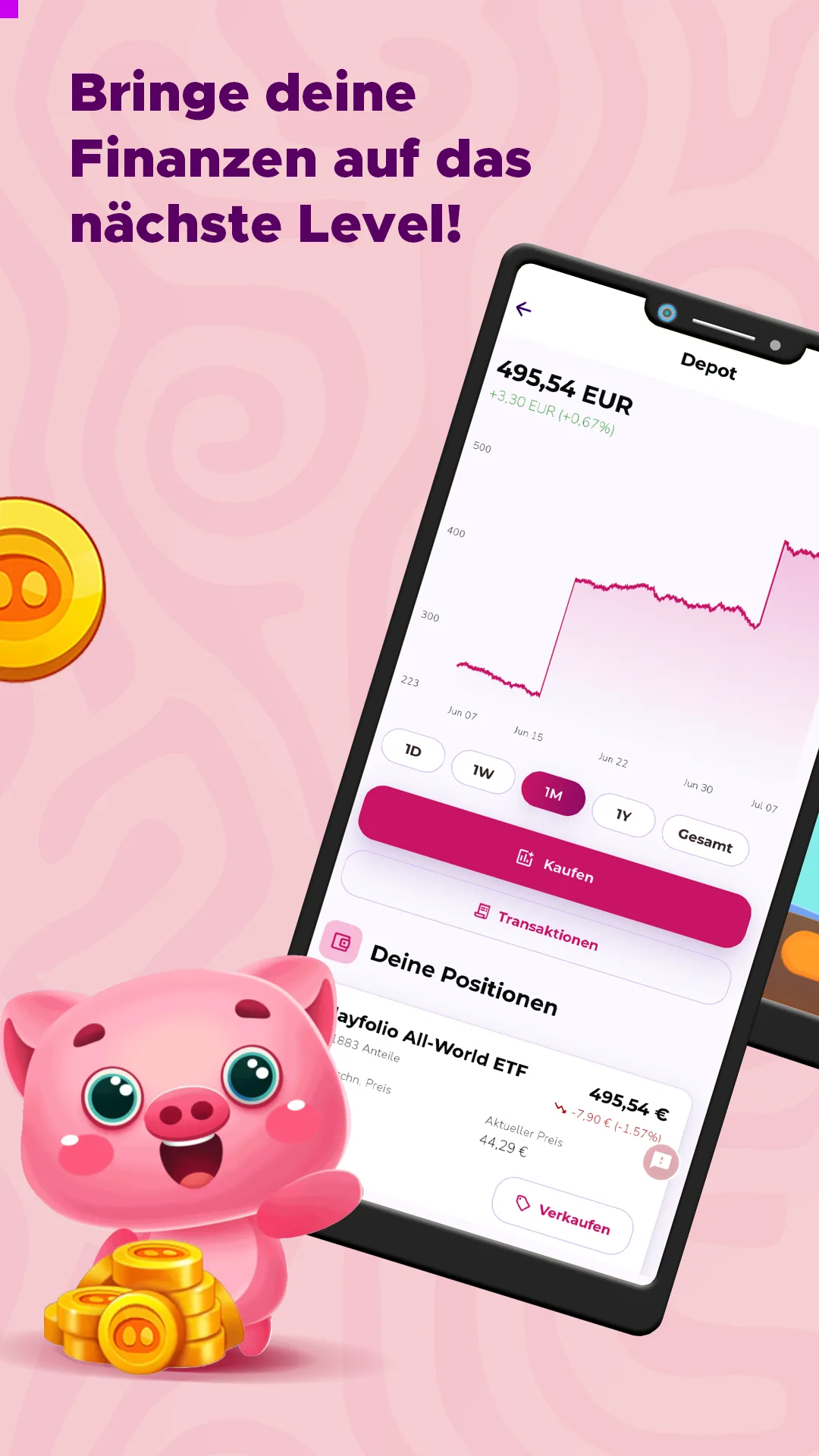 Store-Grafik „Bringe deine Finanzen auf das nächste Level“: Ein Finpet steht neben einem Smartphone mit der Wertentwicklung eines Depots.