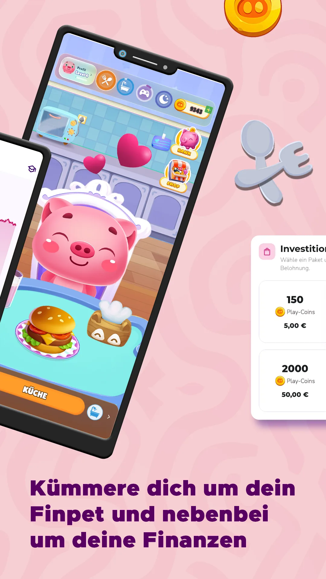 Store-Grafik „Kümmere dich um dein Finpet und nebenbei um deine Finanzen“: Ein Smartphone zeigt das Finpet beim Essen; daneben sind Pakete für Play Coins zu sehen.