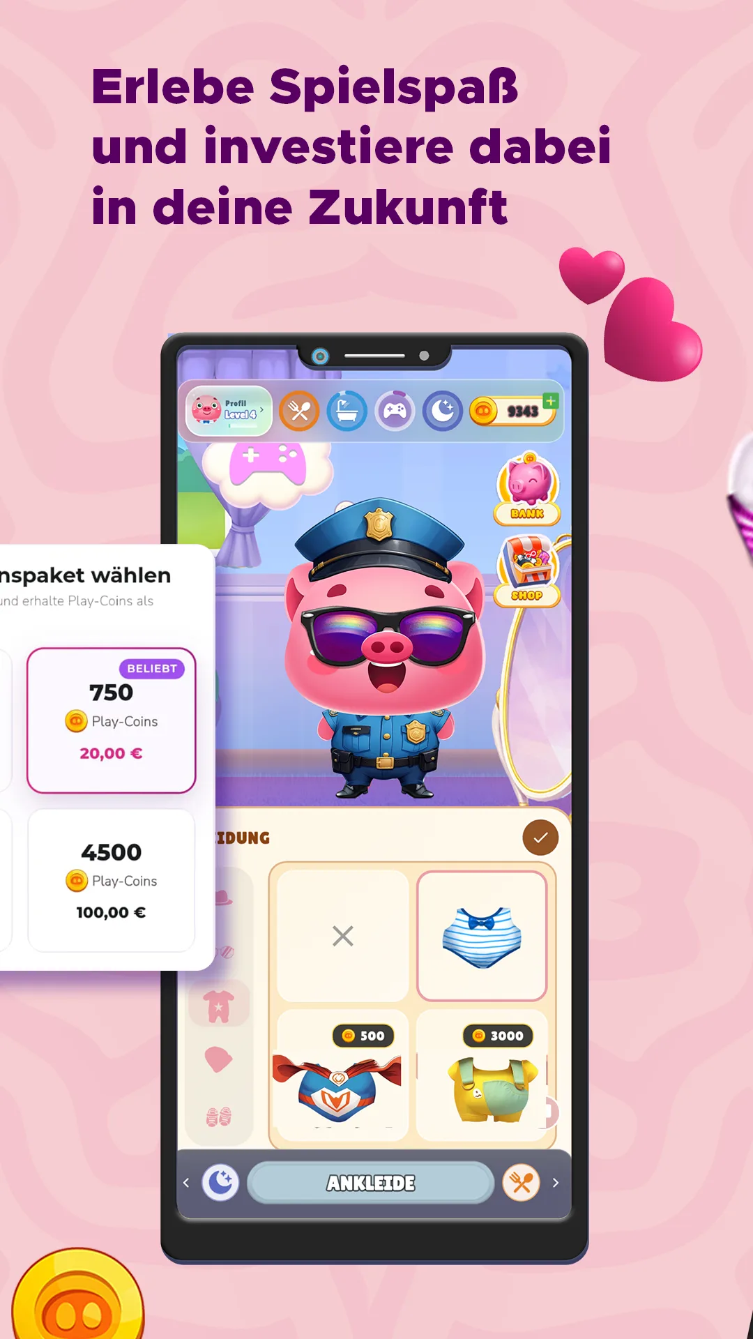 Store-Grafik „Erlebe Spielspaß und investiere dabei in deine Zukunft“: Das Finpet trägt ein Polizei-Kostüm; daneben ist die Auswahl eines Investitionspakets zu sehen.