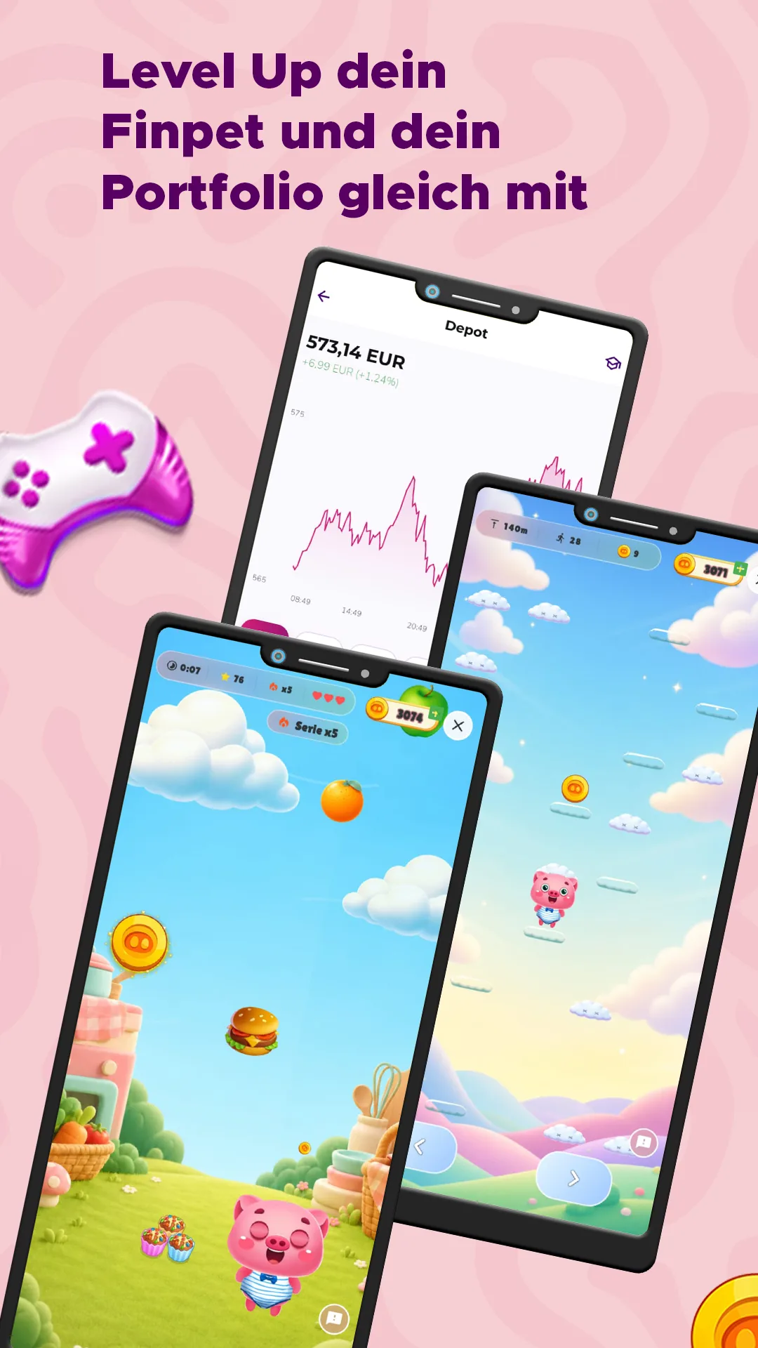 Store-Grafik „Level Up dein Finpet und dein Portfolio gleich mit“: Zwei Smartphones zeigen Minispiele und ein weiteres Smartphone zeigt eine Depotkurve.