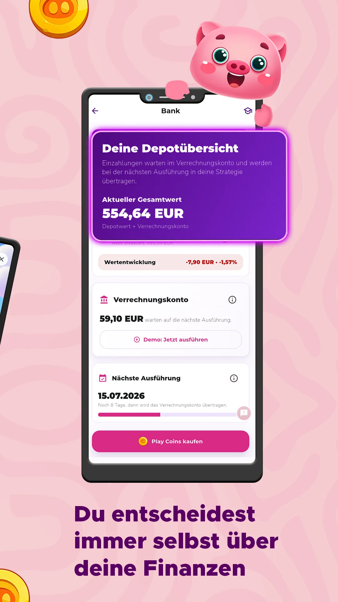 Store-Grafik „Du entscheidest immer selbst über deine Finanzen“: Ein Smartphone zeigt die Depotübersicht mit Gesamtwert, Verrechnungskonto und nächster Ausführung.